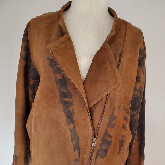 Donna Karan suede moto biker leather jacket brown black gray camo 8 10 12 large